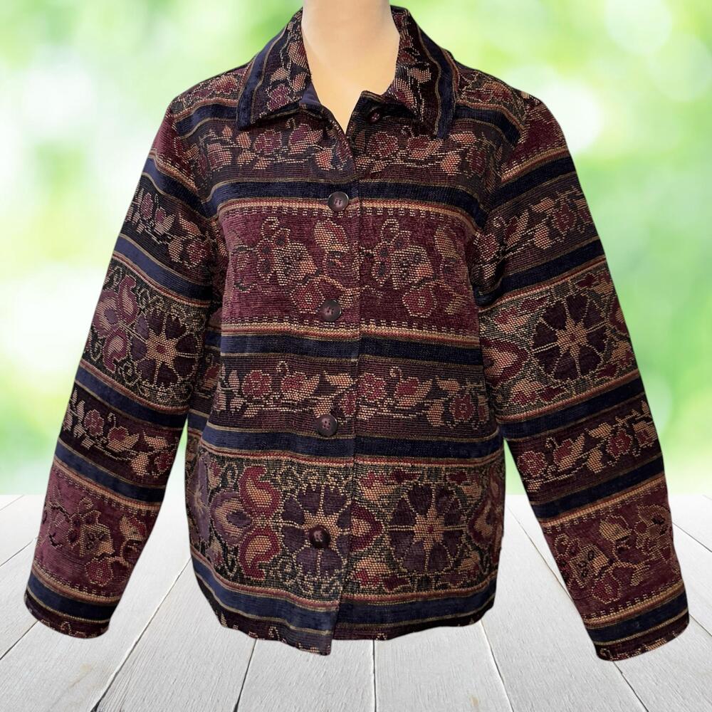 Vintage COLDWATER CREEK Tapestry Jacket Floral Artwear Boxy Button Up Size S